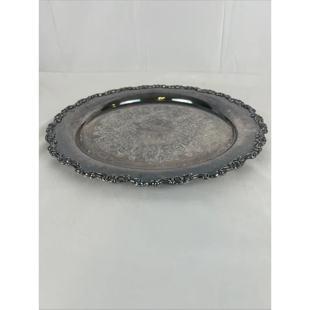Vintage Silver-Plated Serving Tray Round Ornate Rim Engraved April 1976